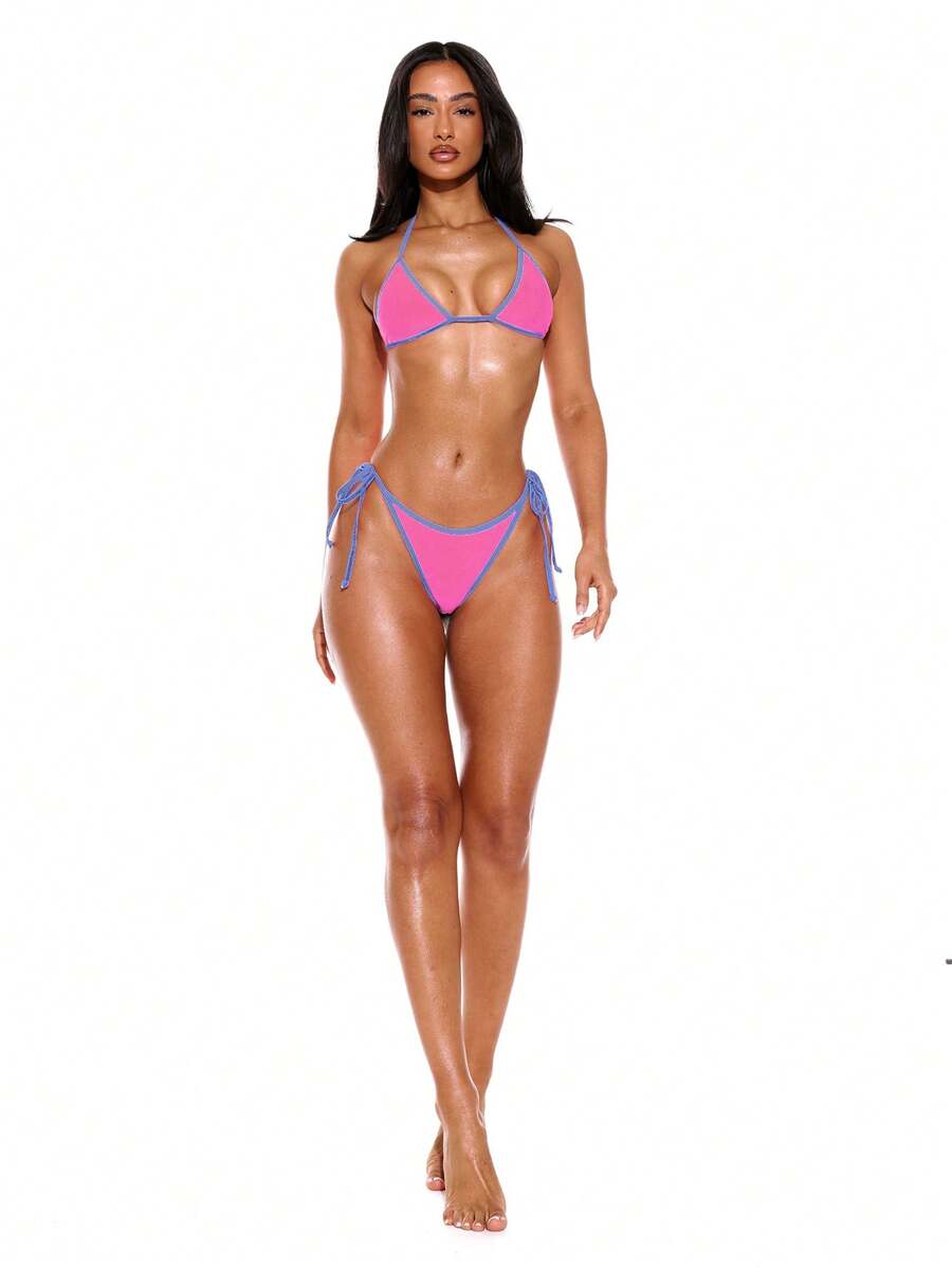 Halterneck Contrast Trim Triangle Bikini Bottom – Summer Beach Vacation Swimwear