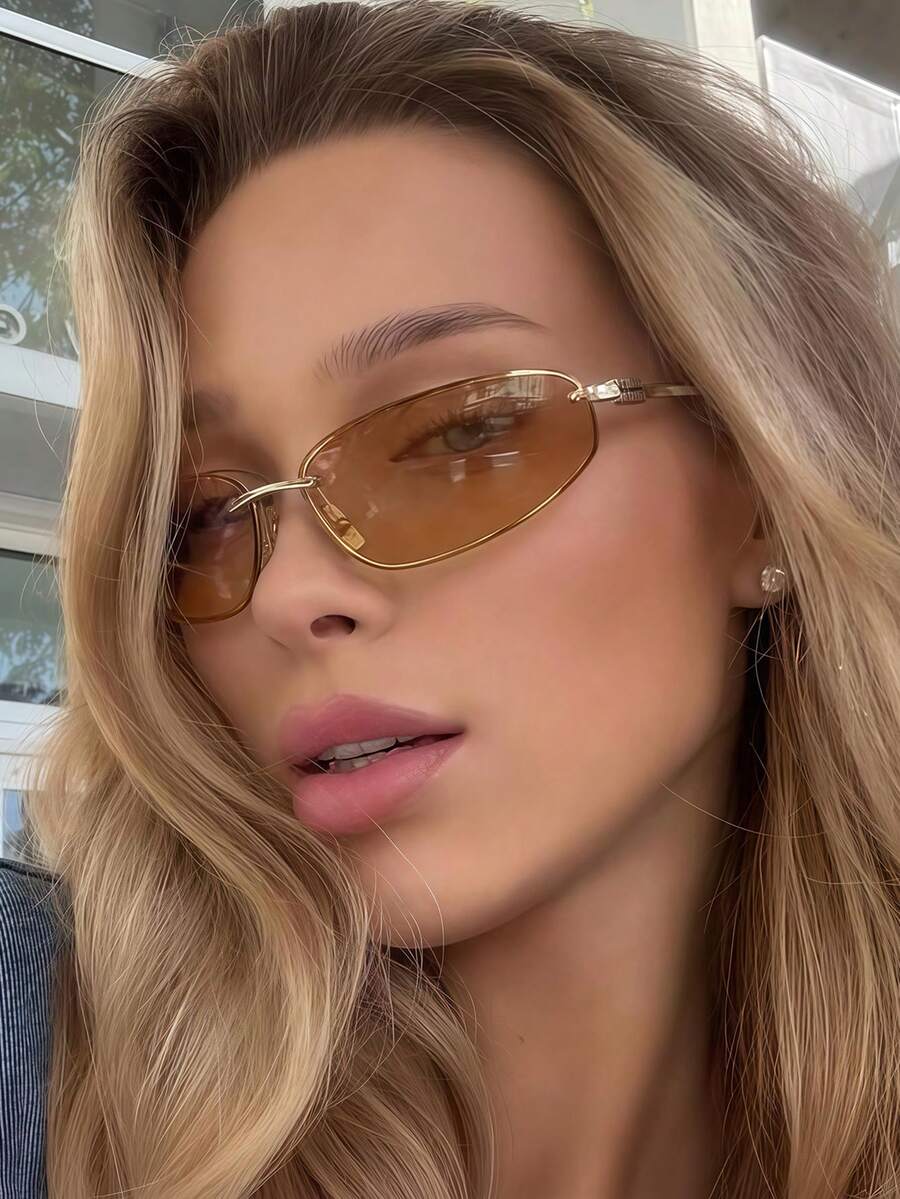 Gold Oval Frameless Y2K Fashion Glasses – Preppy Eyewear for Women