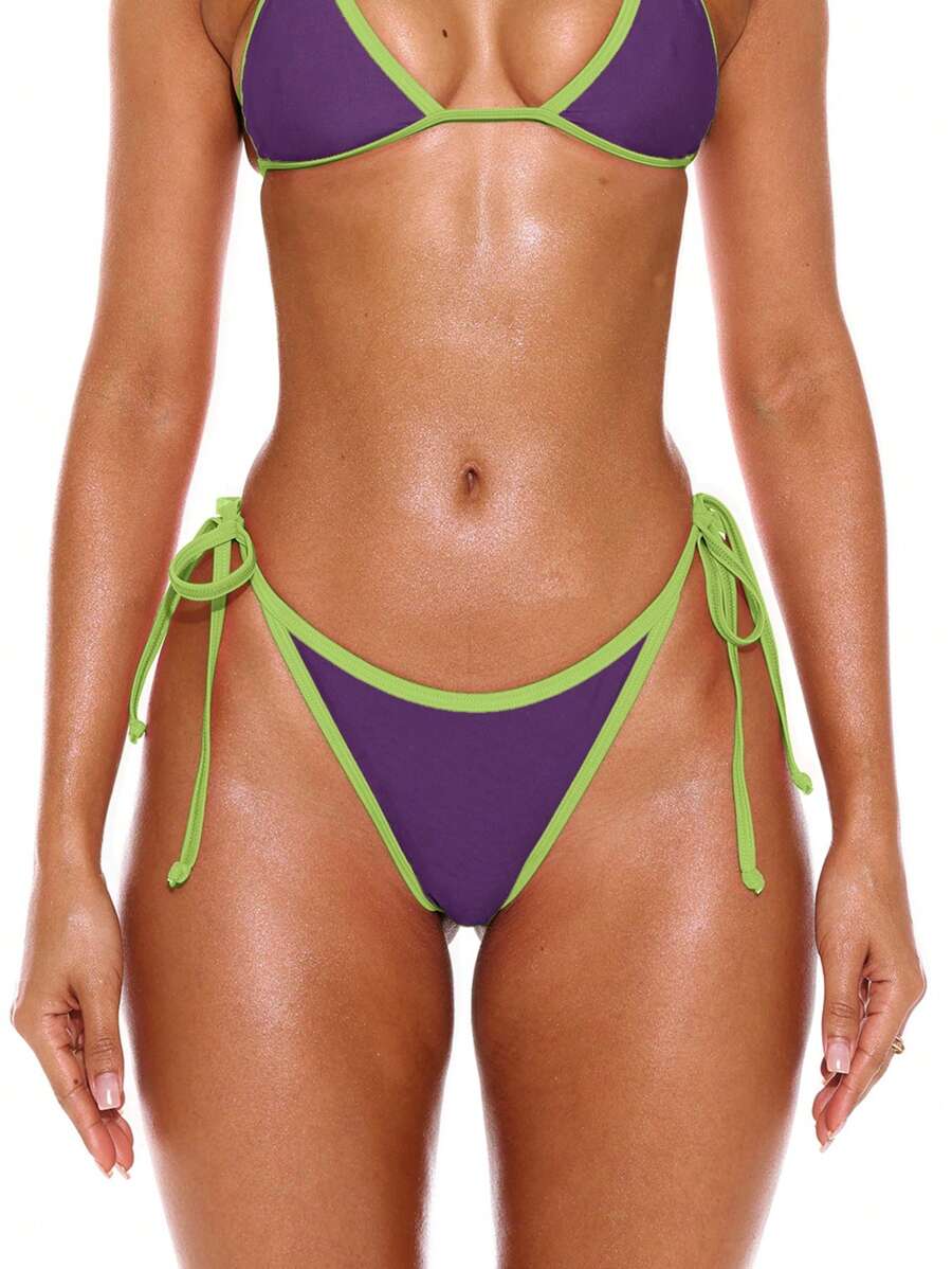 Halterneck Contrast Trim Triangle Bikini Bottom – Summer Beach Vacation Swimwear