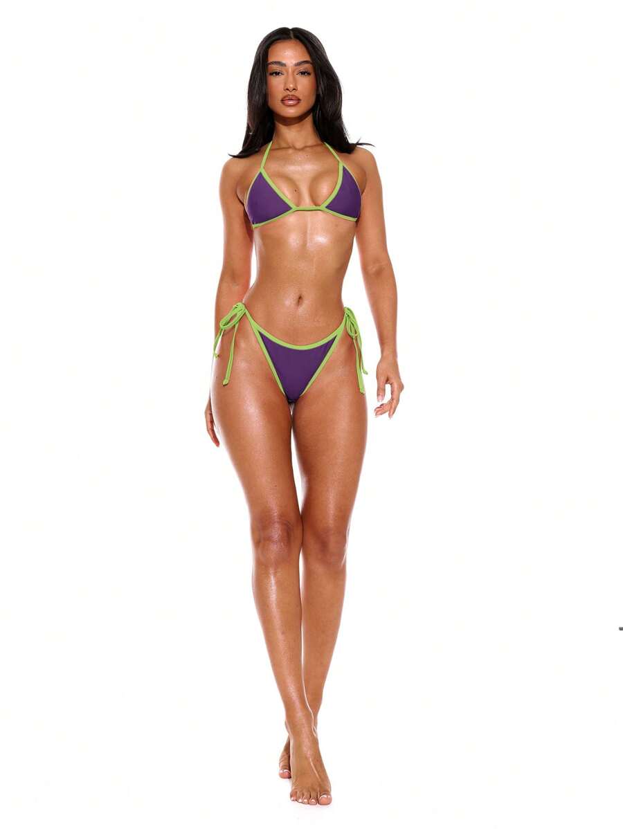 Halterneck Contrast Trim Triangle Bikini Bottom – Summer Beach Vacation Swimwear