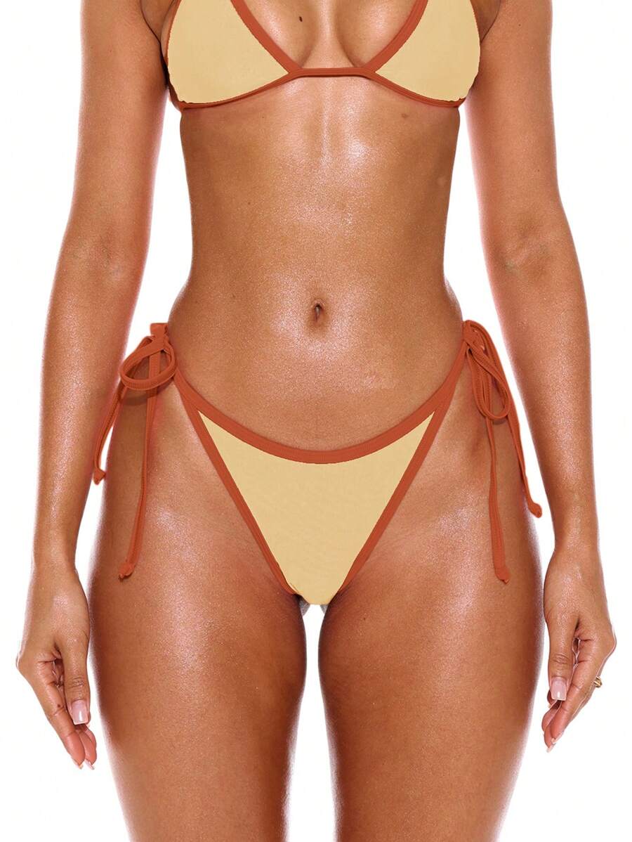 Halterneck Contrast Trim Triangle Bikini Bottom – Summer Beach Vacation Swimwear