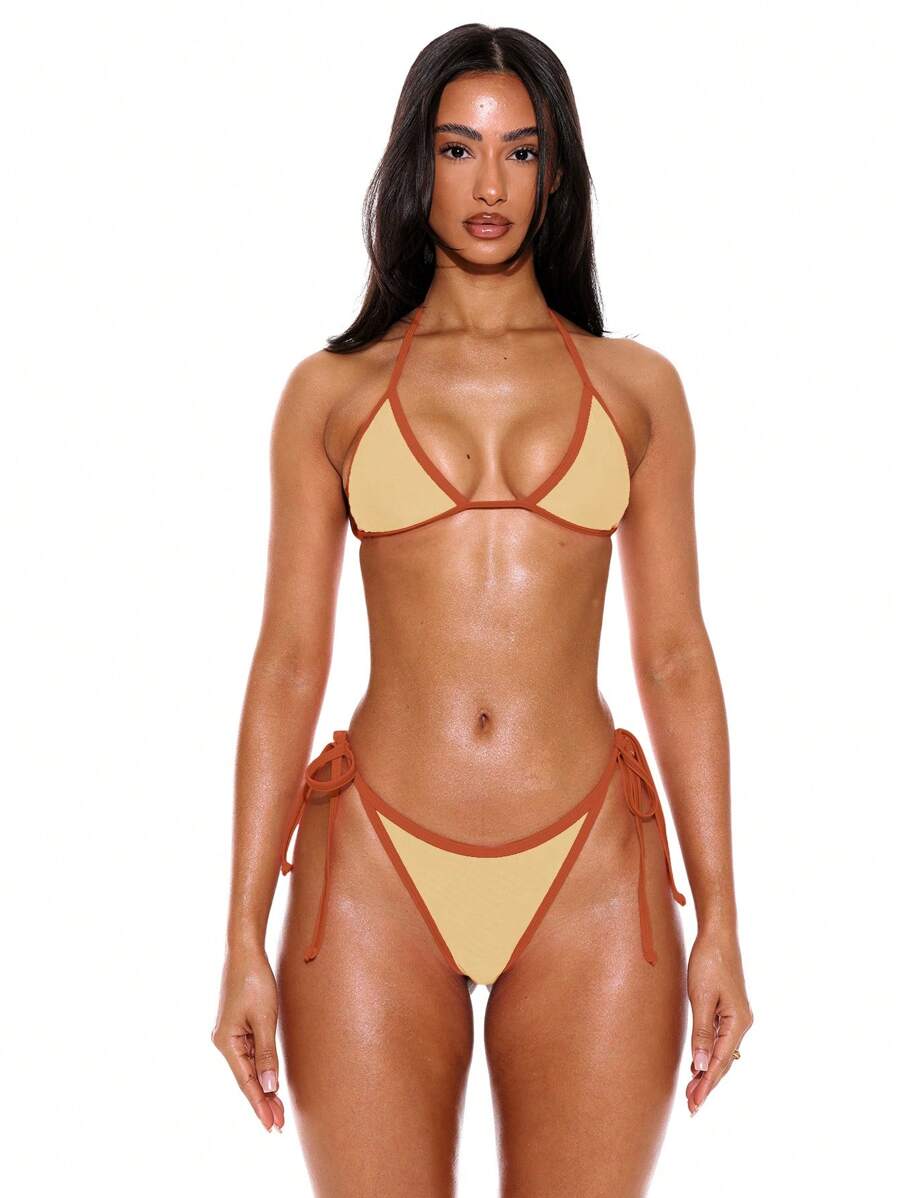 Halterneck Contrast Trim Triangle Bikini Bottom – Summer Beach Vacation Swimwear