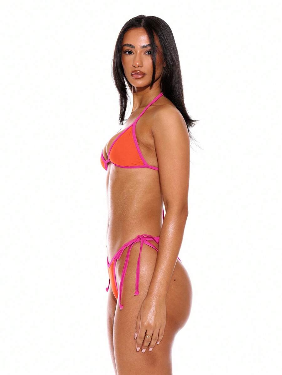Halterneck Contrast Trim Triangle Bikini Bottom – Summer Beach Vacation Swimwear