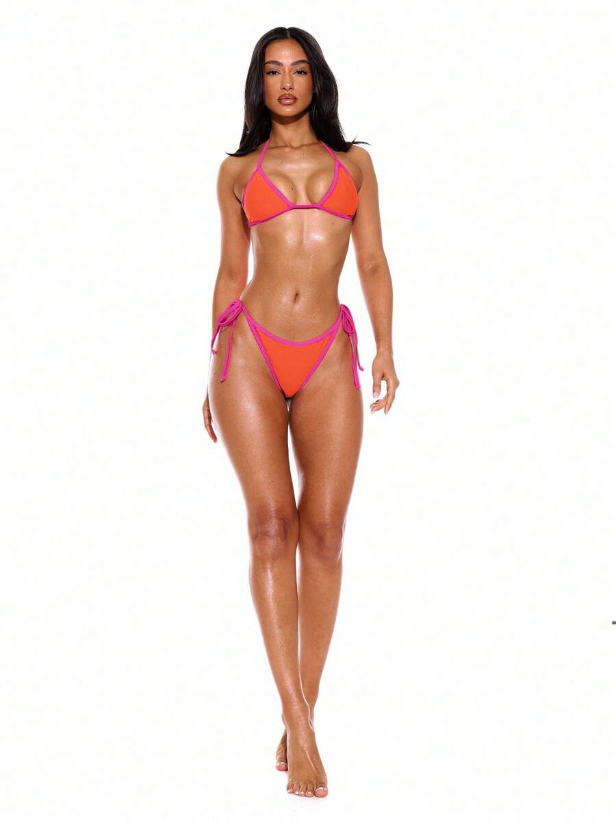 Halterneck Contrast Trim Triangle Bikini Bottom – Summer Beach Vacation Swimwear