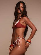 Studded Ring Detail Triangle Halter Bikini Top – Summer Beach Vacation Swimwear