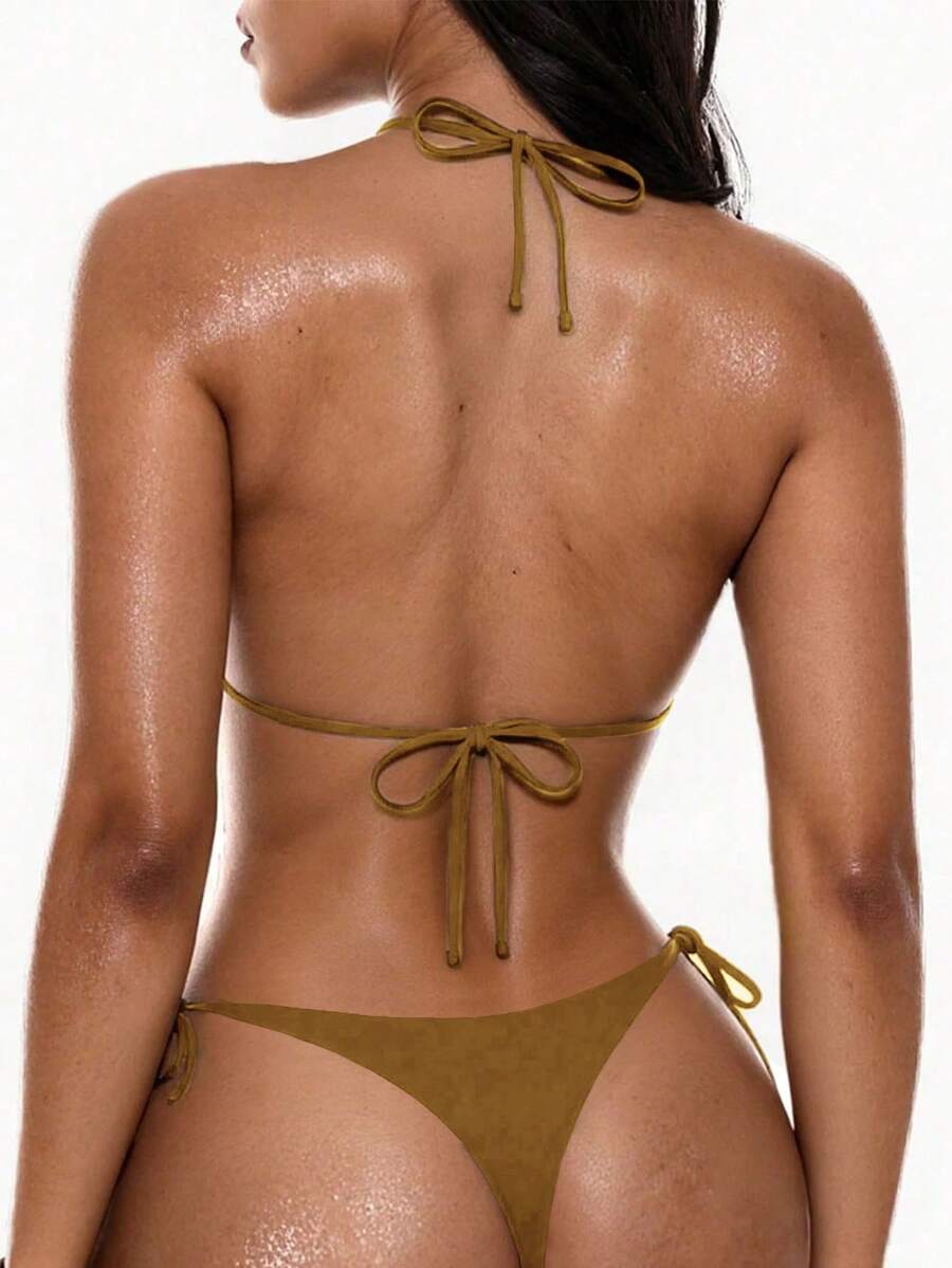 Gold Foil Polka Dot Halter Bikini Set – Summer Beach Vacation Swimwear