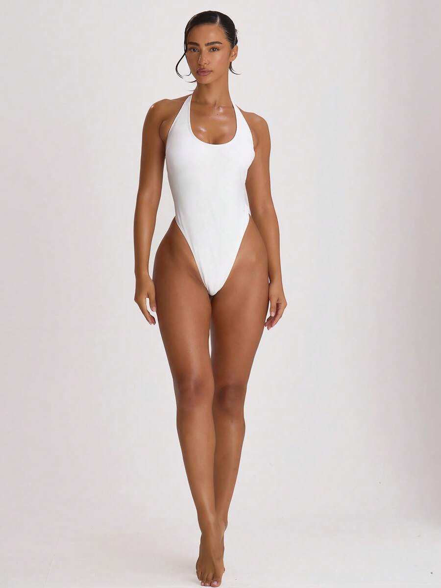 Halterneck High Leg Thong One-Piece Swimsuit – Summer Beach Vacation Swimwear
