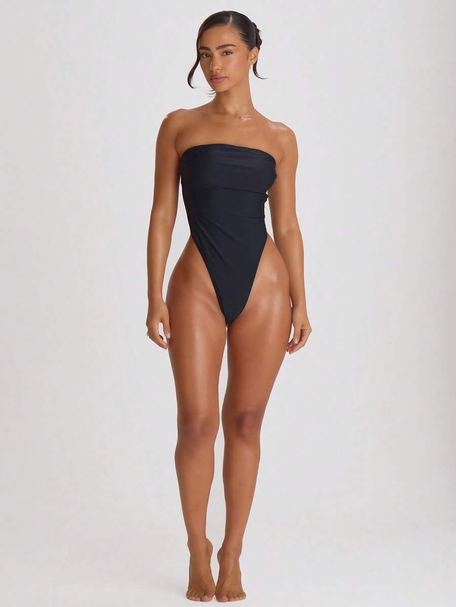 Bandeau Cut-Out Back High Leg Swimsuit – Summer Beach Vacation Swimwear