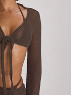 Knit Flared Sleeve Tie Front Cropped Cover-Up Top – Summer Vacation Swimwear