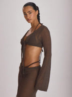 Knit Flared Sleeve Tie Front Cropped Cover-Up Top – Summer Vacation Swimwear