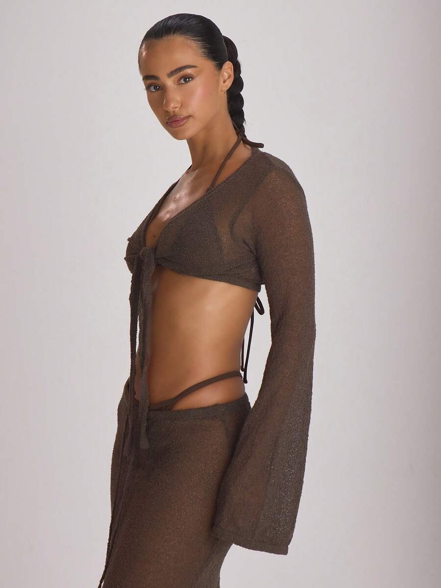 Knit Flared Sleeve Tie Front Cropped Cover-Up Top – Summer Vacation Swimwear