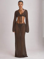 Knit Flared Sleeve Tie Front Cropped Cover-Up Top – Summer Vacation Swimwear