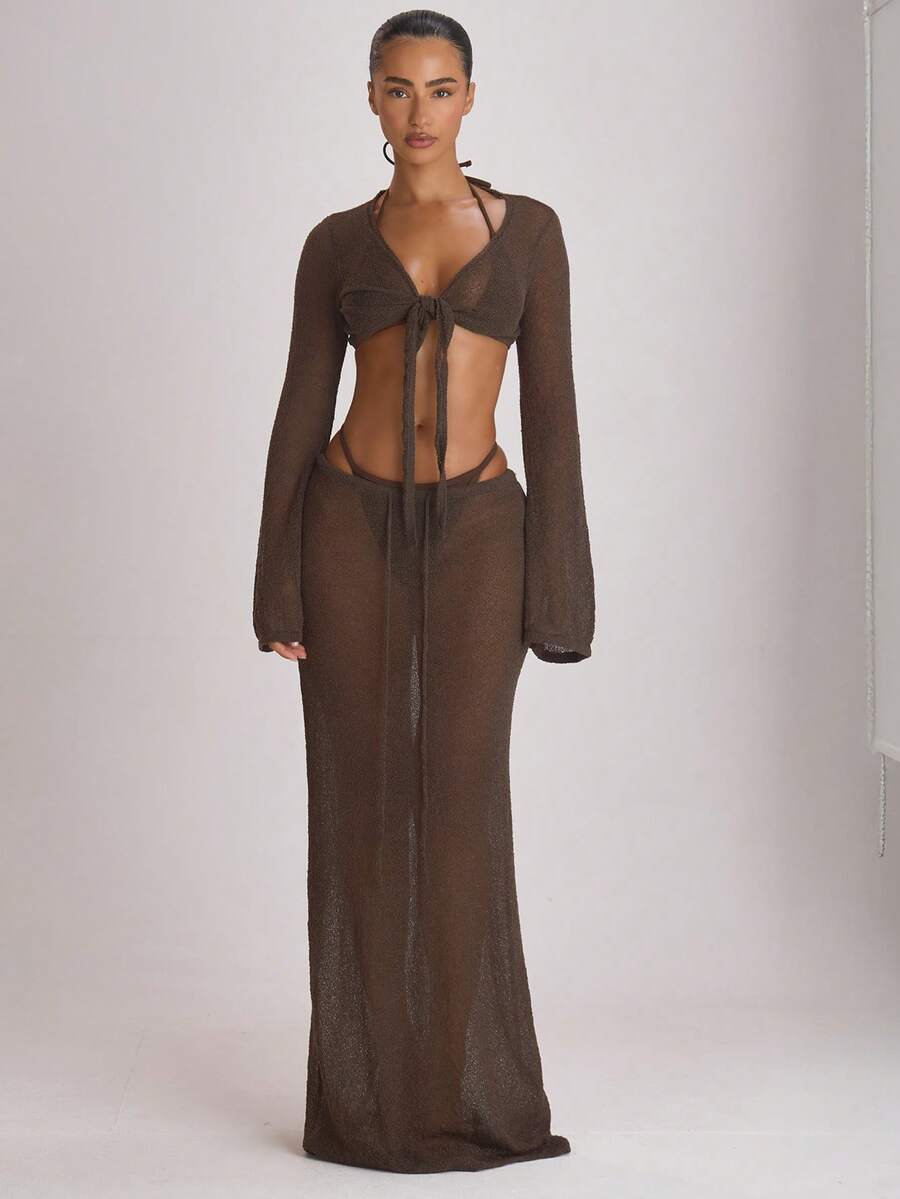 Knit Flared Sleeve Tie Front Cropped Cover-Up Top – Summer Vacation Swimwear