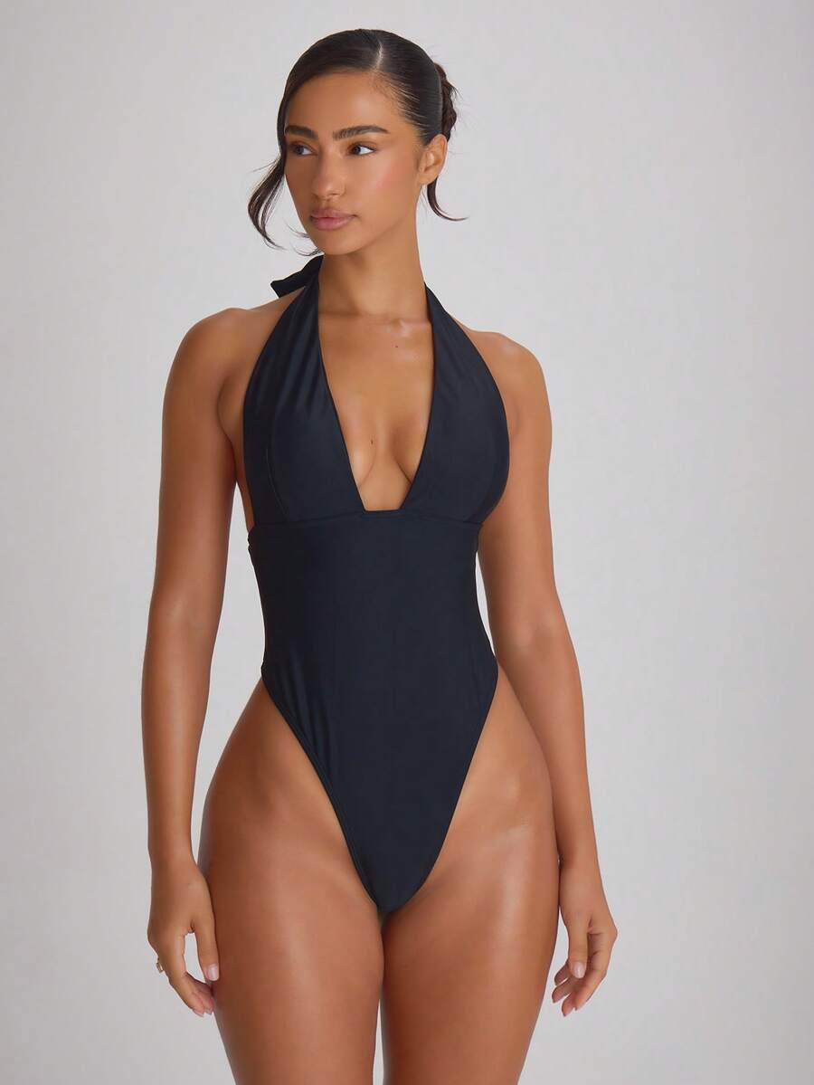 Plunge Halter Tie Back Cheeky Swimsuit – Summer Beach Vacation Swimwear
