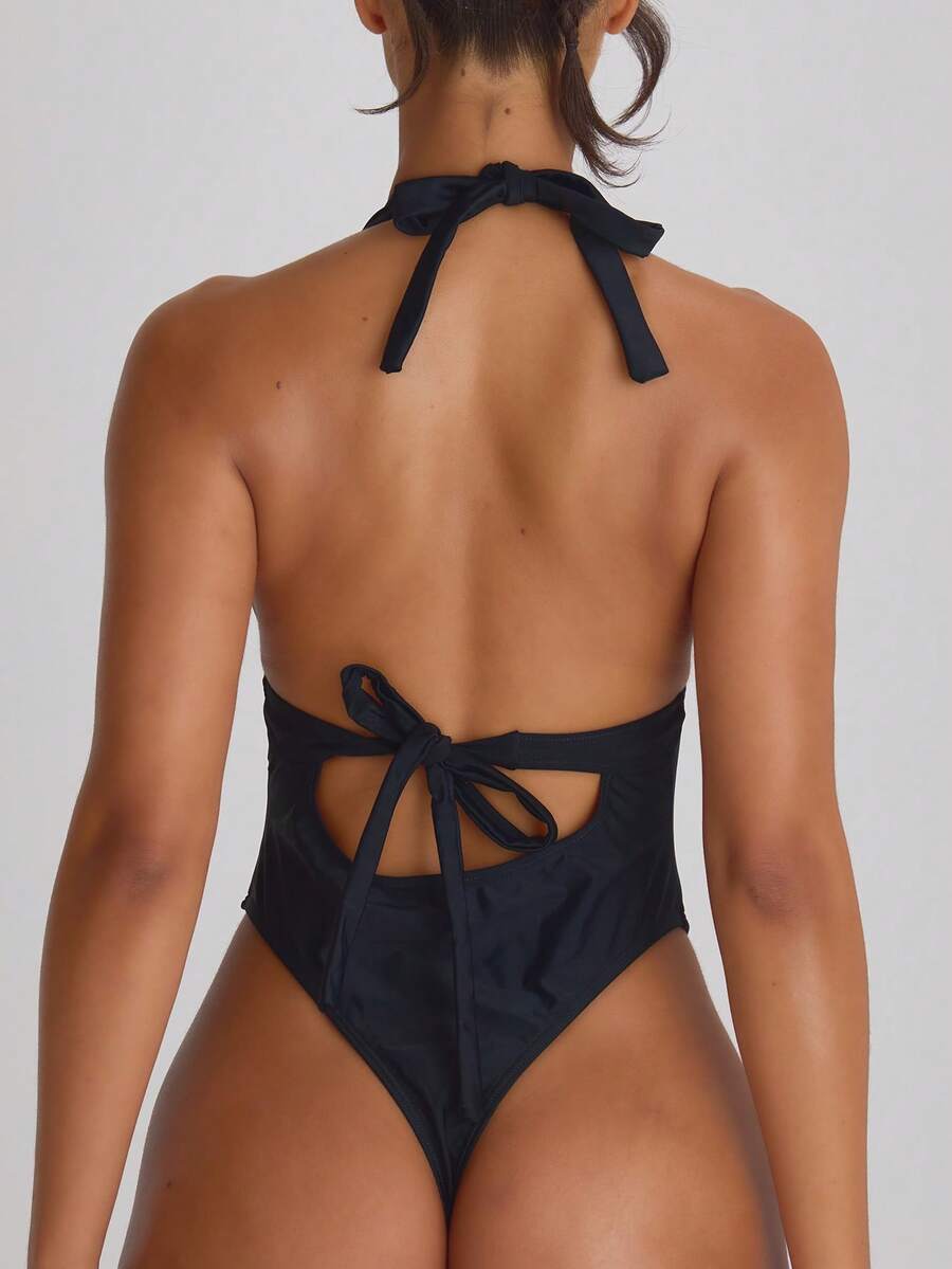 Plunge Halter Tie Back Cheeky Swimsuit – Summer Beach Vacation Swimwear