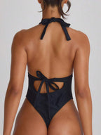 Plunge Halter Tie Back Cheeky Swimsuit – Summer Beach Vacation Swimwear