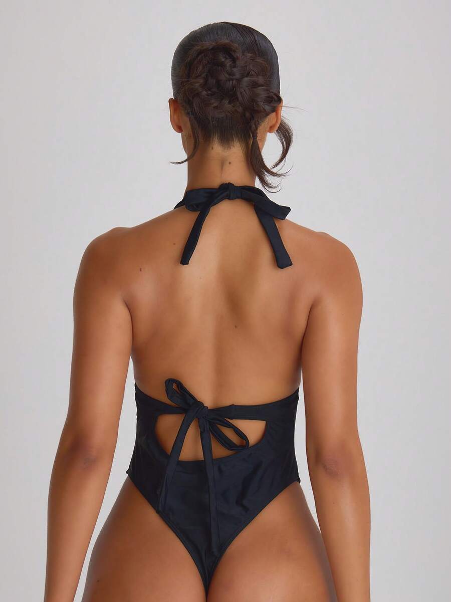 Plunge Halter Tie Back Cheeky Swimsuit – Summer Beach Vacation Swimwear