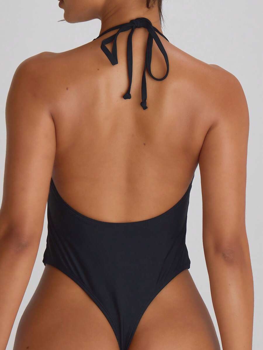 Halterneck High Leg Thong One-Piece Swimsuit – Summer Beach Vacation Swimwear