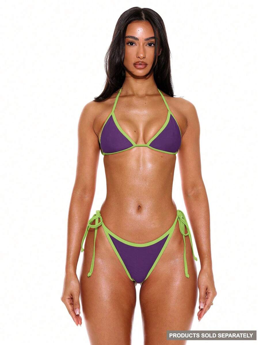 Halterneck Contrast Trim Triangle Bikini Top – Summer Beach Vacation Swimwear