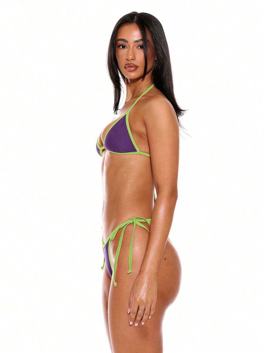 Halterneck Contrast Trim Triangle Bikini Top – Summer Beach Vacation Swimwear