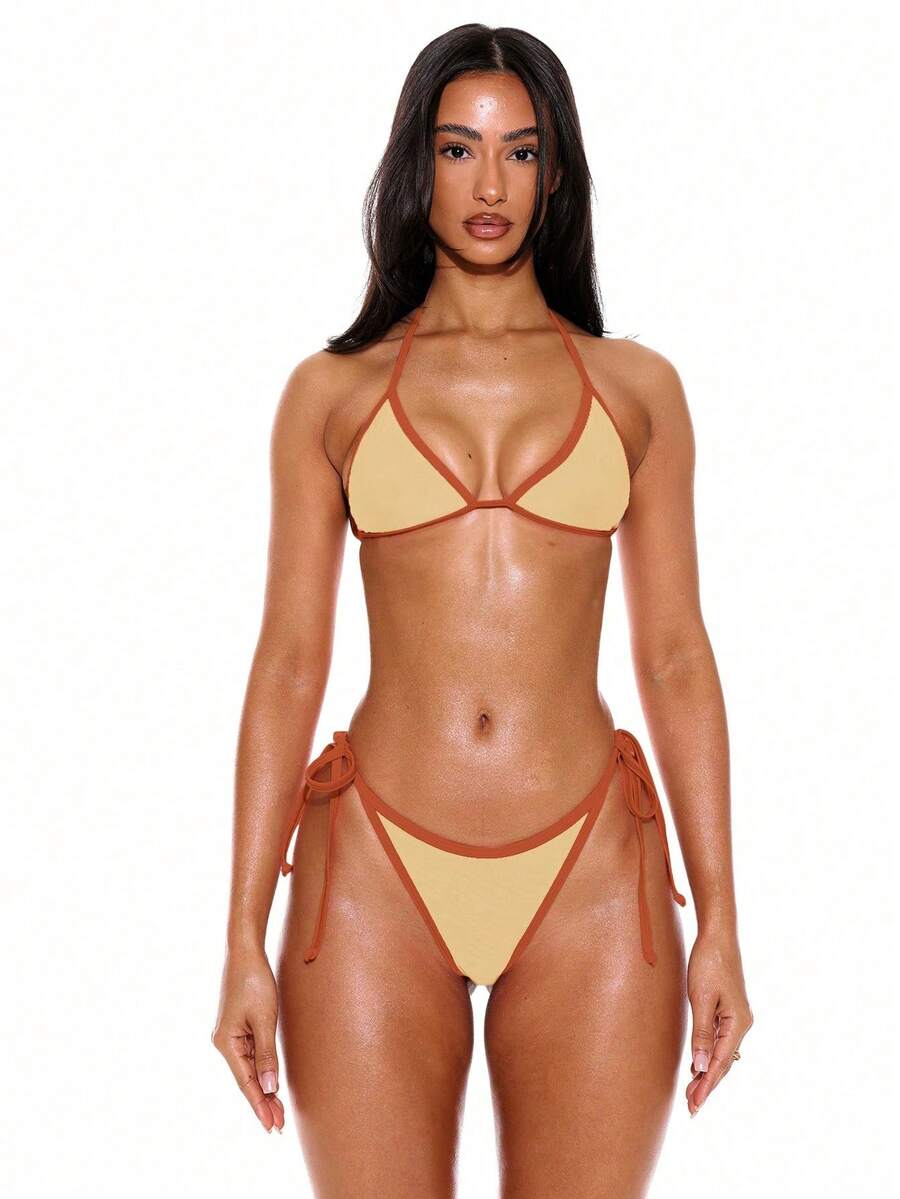 Halterneck Contrast Trim Triangle Bikini Top – Summer Beach Vacation Swimwear