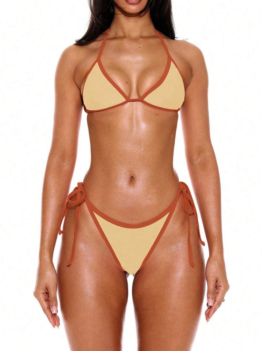 Halterneck Contrast Trim Triangle Bikini Top – Summer Beach Vacation Swimwear