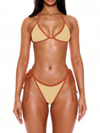 Halterneck Contrast Trim Triangle Bikini Top – Summer Beach Vacation Swimwear