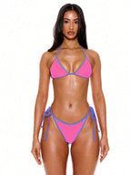 Halterneck Contrast Trim Triangle Bikini Top – Summer Beach Vacation Swimwear