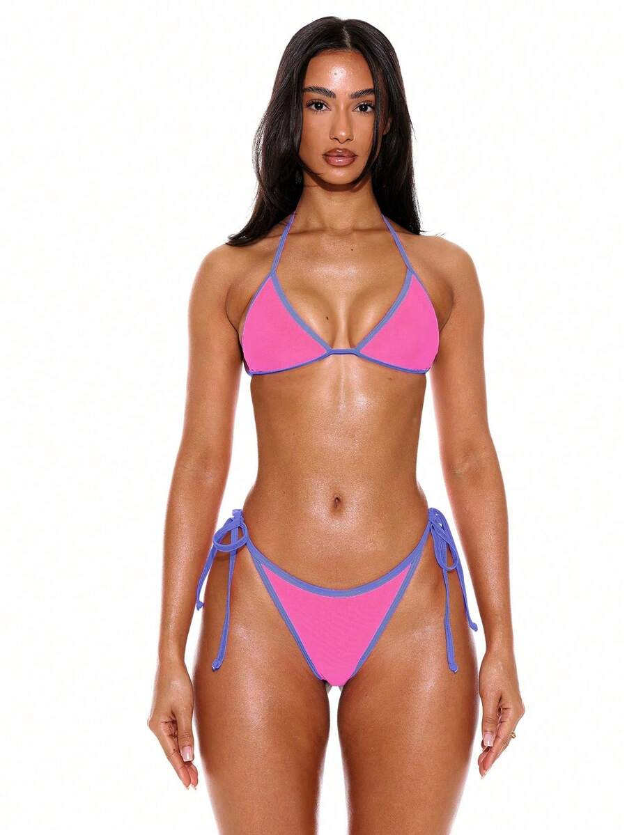 Halterneck Contrast Trim Triangle Bikini Top – Summer Beach Vacation Swimwear