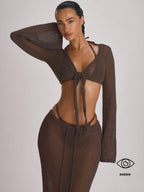 Knit Flared Sleeve Tie Front Cropped Cover-Up Top – Summer Vacation Swimwear