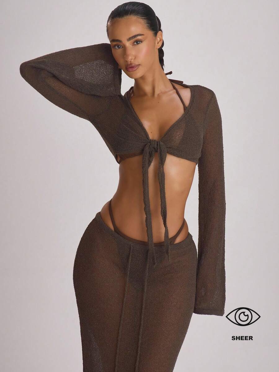 Knit Flared Sleeve Tie Front Cropped Cover-Up Top – Summer Vacation Swimwear