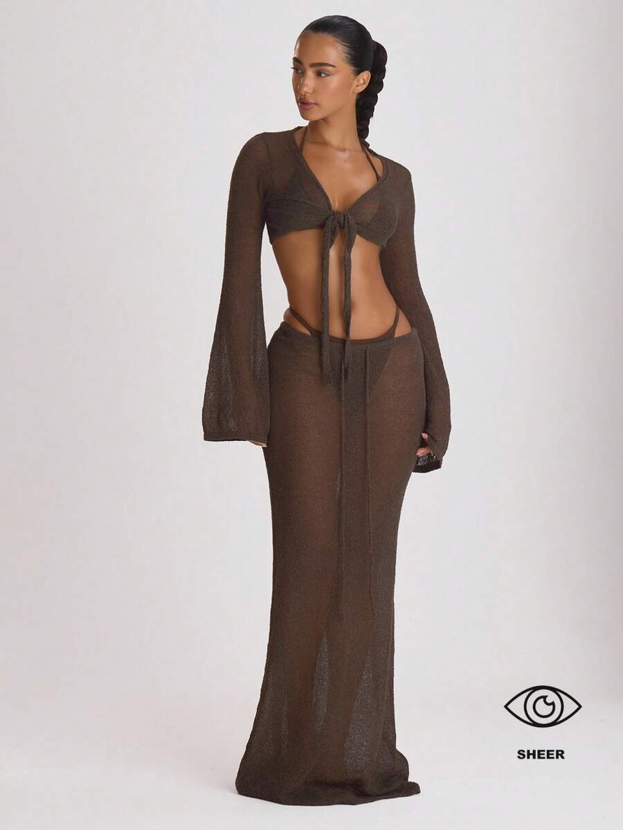 Knit Tie Front Maxi Skirt Beach Cover-Up – Summer Vacation Swimwear