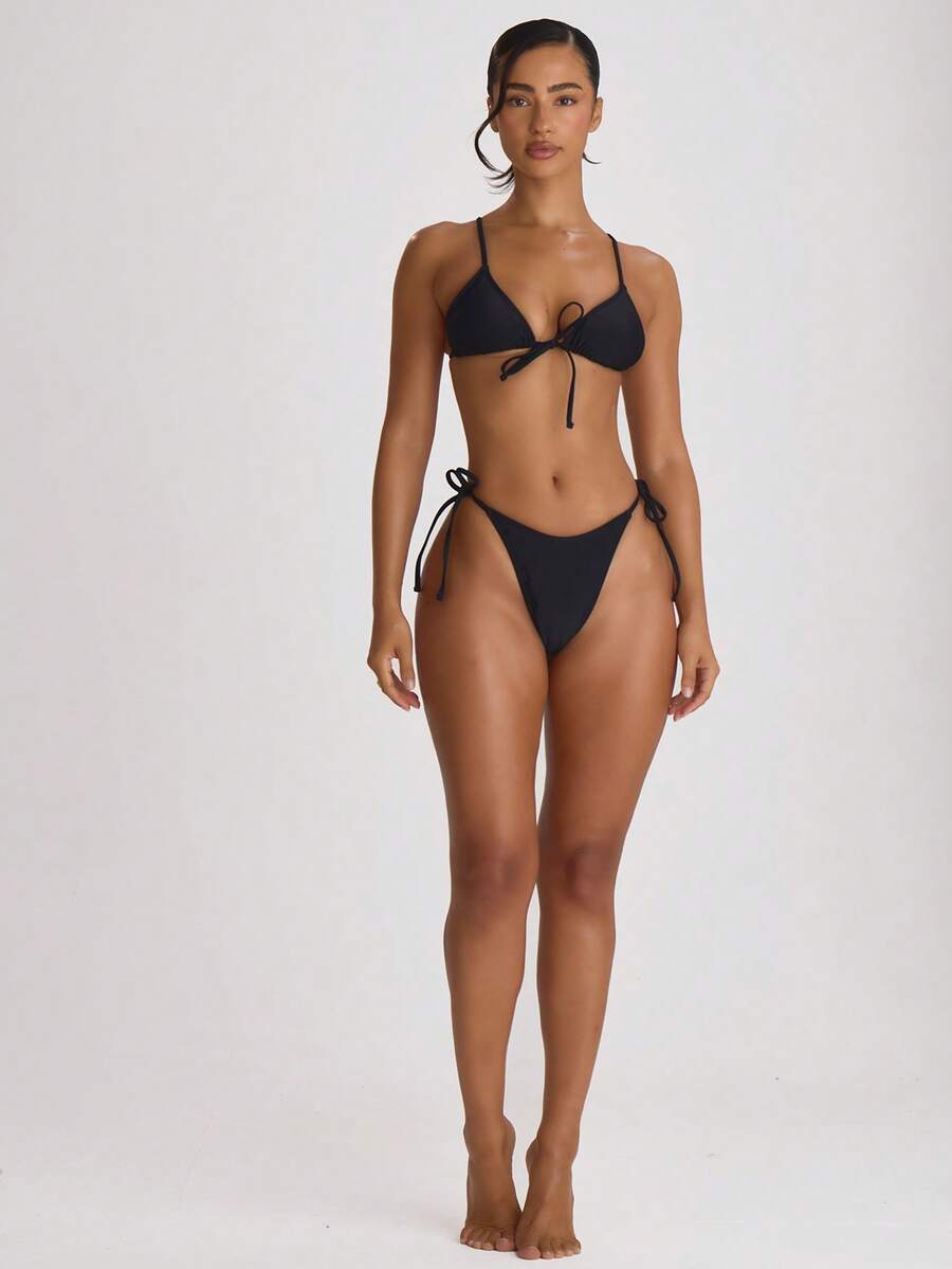 Tie Side Scooped Front Thong Bikini Bottoms – Summer Beach Vacation Swimwear