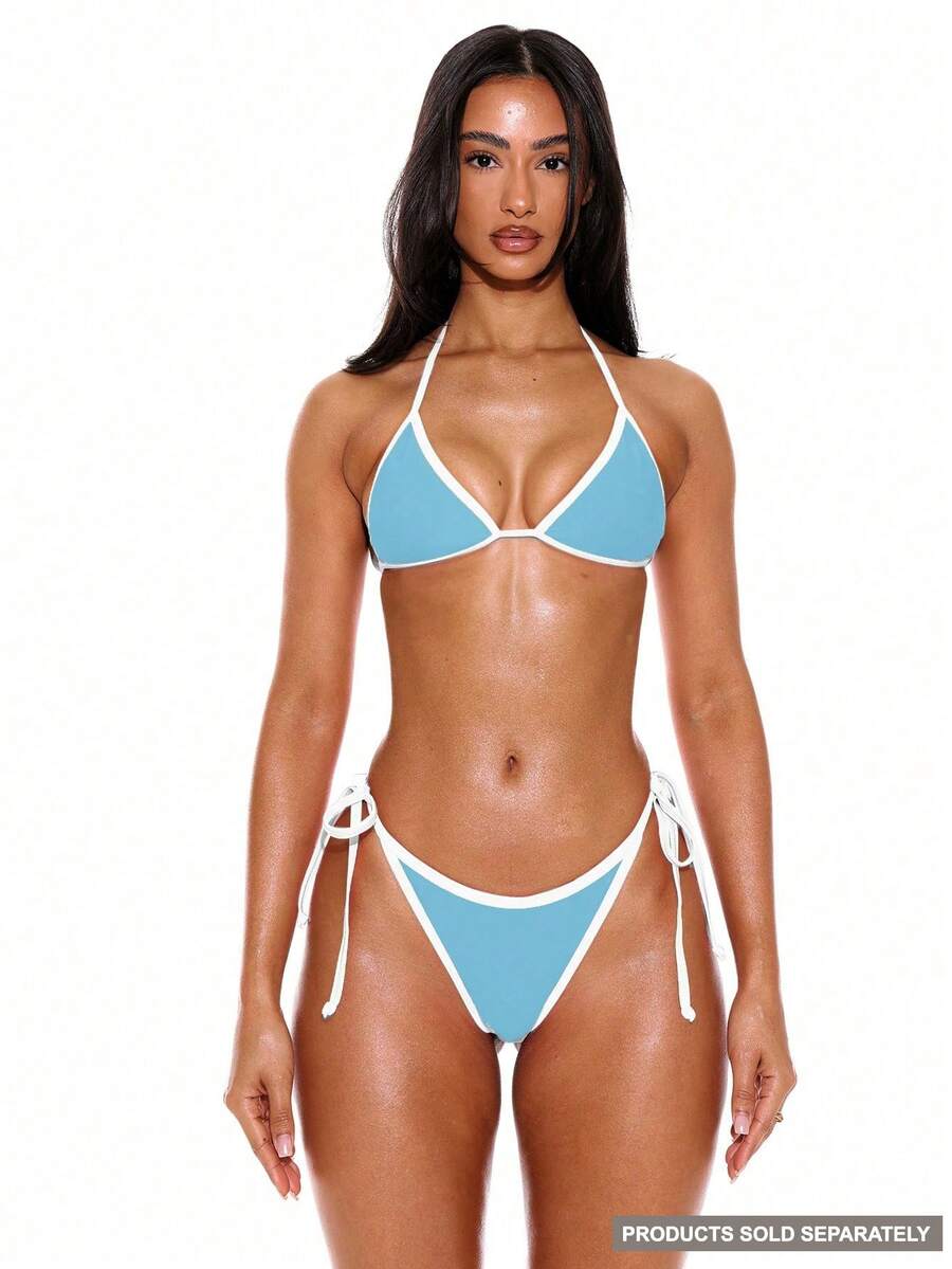 Halterneck Contrast Trim Triangle Bikini Top – Summer Beach Vacation Swimwear