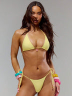 Flower Trim Triangle Halter Bikini Top – Summer Beach Vacation Swimwear