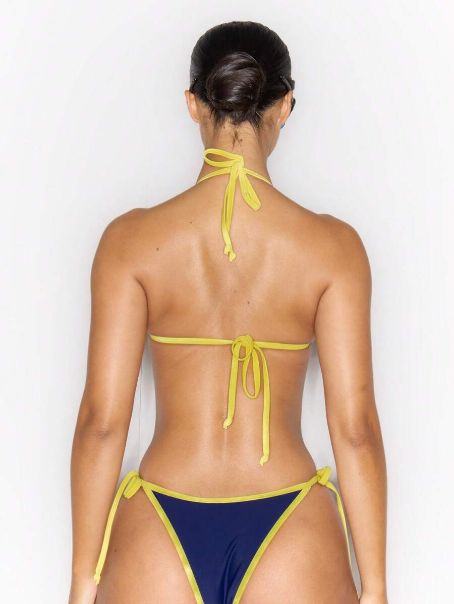 Halterneck Contrast Trim Triangle Bikini Bottom – Summer Beach Vacation Swimwear