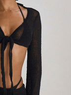 Knit Flared Sleeve Tie Front Cropped Cover-Up Top – Summer Vacation Swimwear