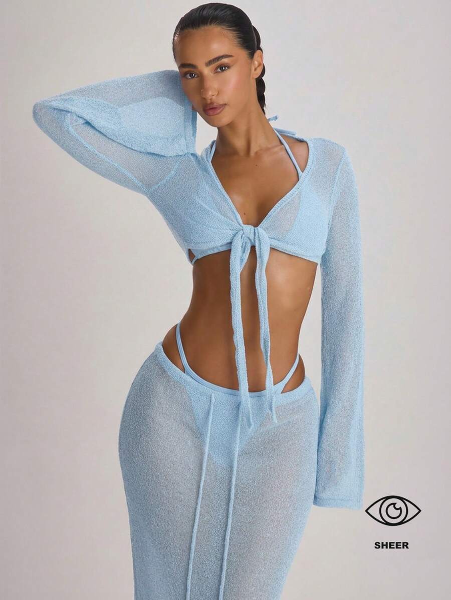Knit Flared Sleeve Tie Front Cropped Cover-Up Top – Summer Vacation Swimwear
