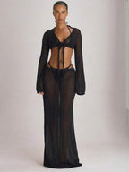 Knit Flared Sleeve Tie Front Cropped Cover-Up Top – Summer Vacation Swimwear