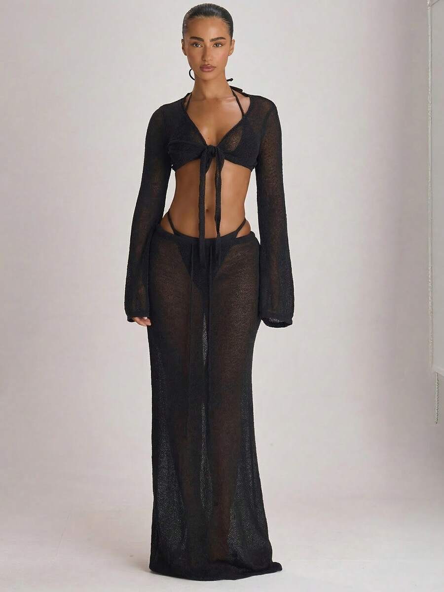 Knit Flared Sleeve Tie Front Cropped Cover-Up Top – Summer Vacation Swimwear