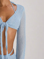 Knit Flared Sleeve Tie Front Cropped Cover-Up Top – Summer Vacation Swimwear