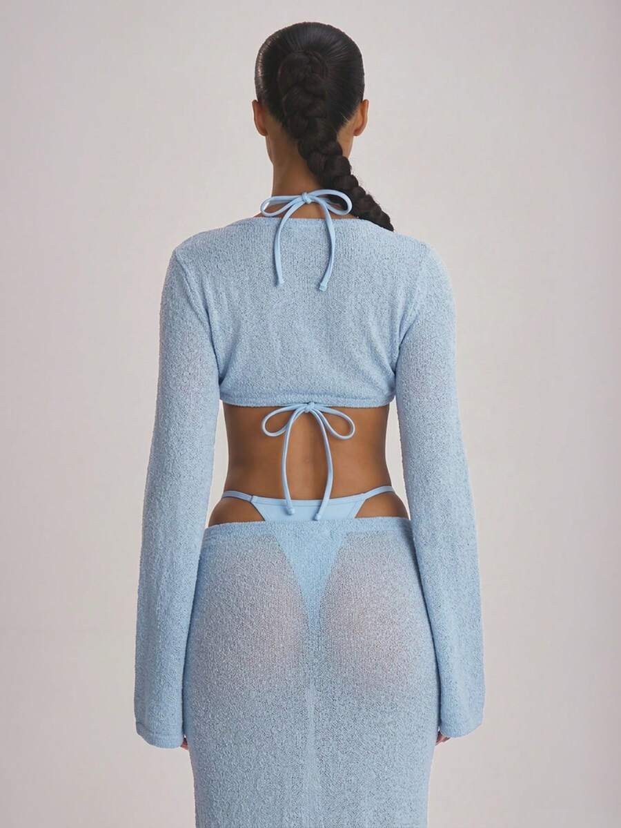Knit Flared Sleeve Tie Front Cropped Cover-Up Top – Summer Vacation Swimwear