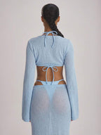 Knit Flared Sleeve Tie Front Cropped Cover-Up Top – Summer Vacation Swimwear