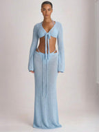 Knit Flared Sleeve Tie Front Cropped Cover-Up Top – Summer Vacation Swimwear