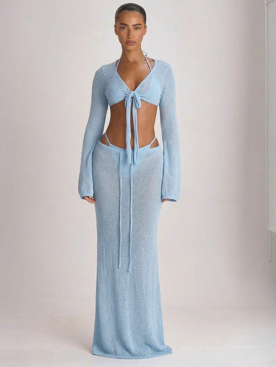 Knit Flared Sleeve Tie Front Cropped Cover-Up Top – Summer Vacation Swimwear