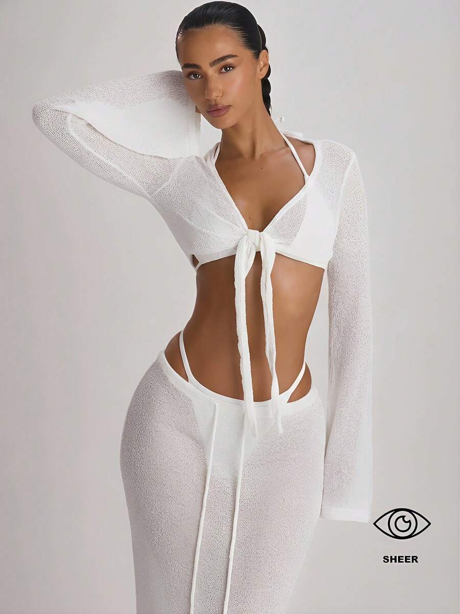 Knit Flared Sleeve Tie Front Cropped Cover-Up Top – Summer Vacation Swimwear