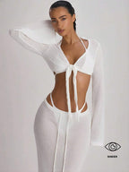 Knit Flared Sleeve Tie Front Cropped Cover-Up Top – Summer Vacation Swimwear