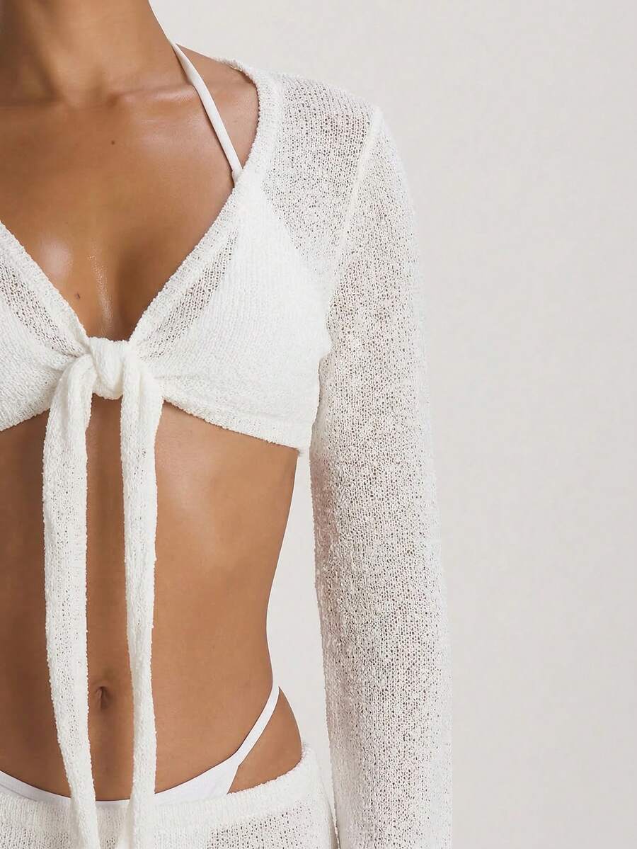 Knit Flared Sleeve Tie Front Cropped Cover-Up Top – Summer Vacation Swimwear