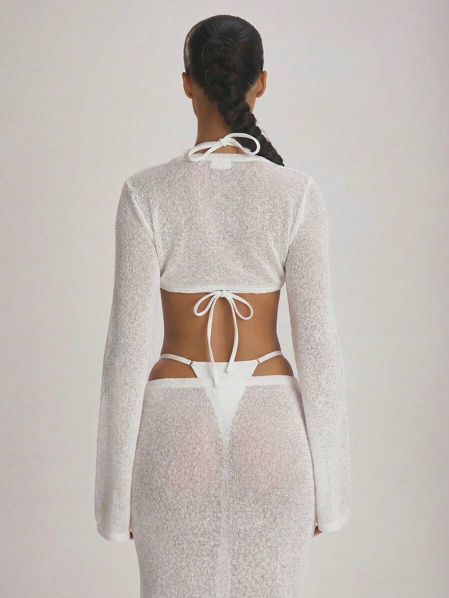 Knit Flared Sleeve Tie Front Cropped Cover-Up Top – Summer Vacation Swimwear