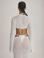 Knit Flared Sleeve Tie Front Cropped Cover-Up Top – Summer Vacation Swimwear